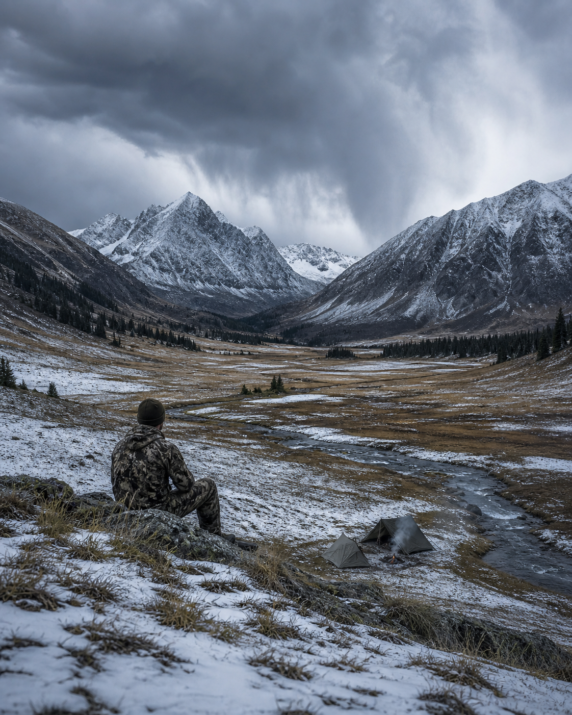 Hunter alone in the wilderness beneath an approaching mountain storm