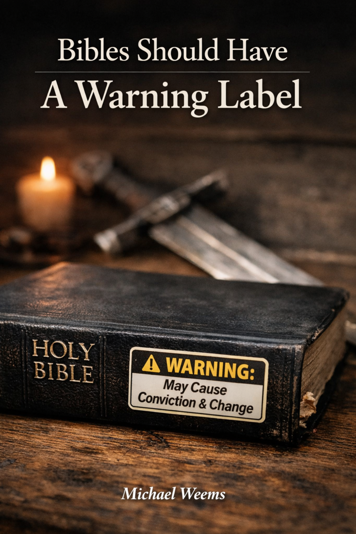 Bible with warning label and candle