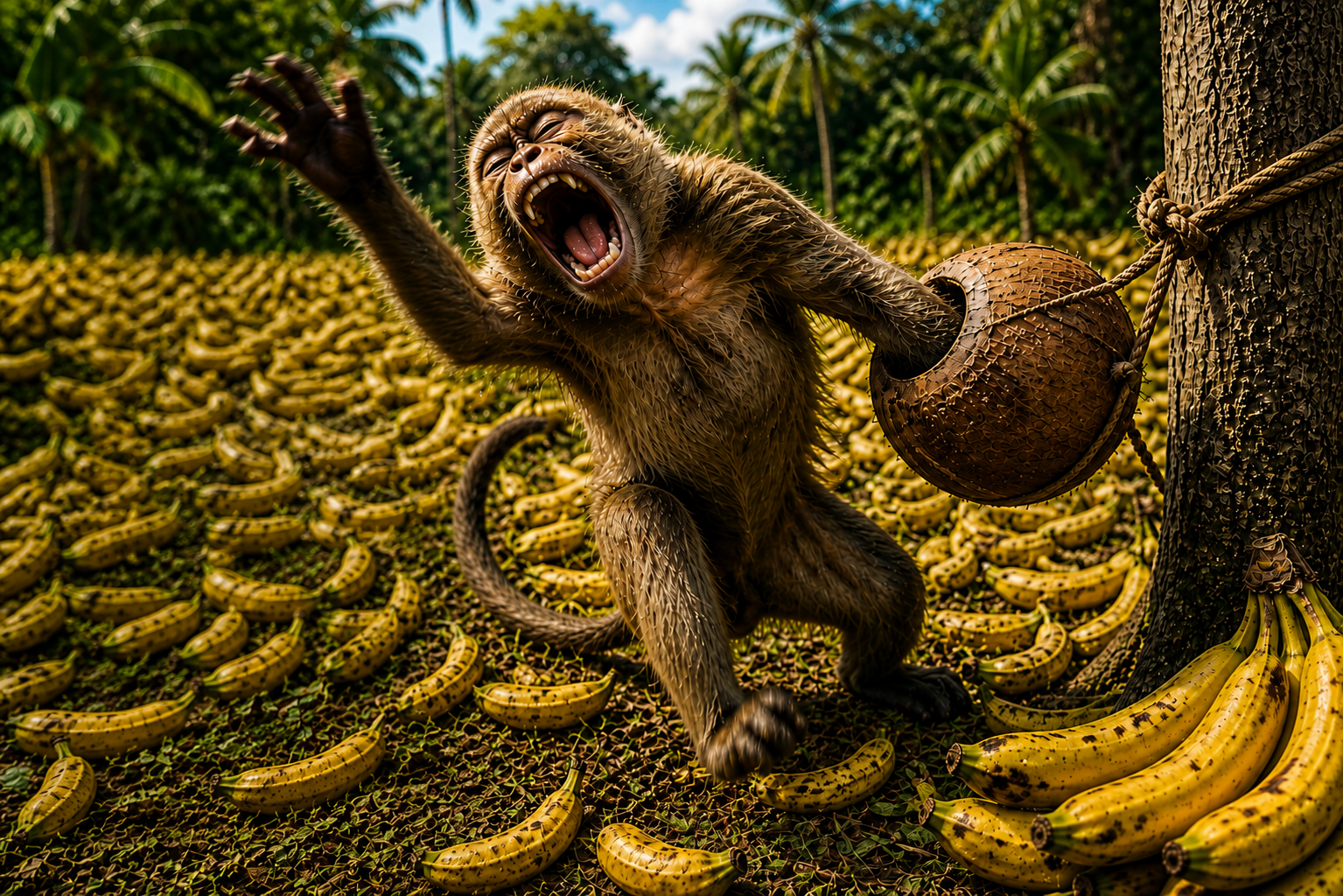 Monkey trapped by holding onto a coconut despite abundance around it