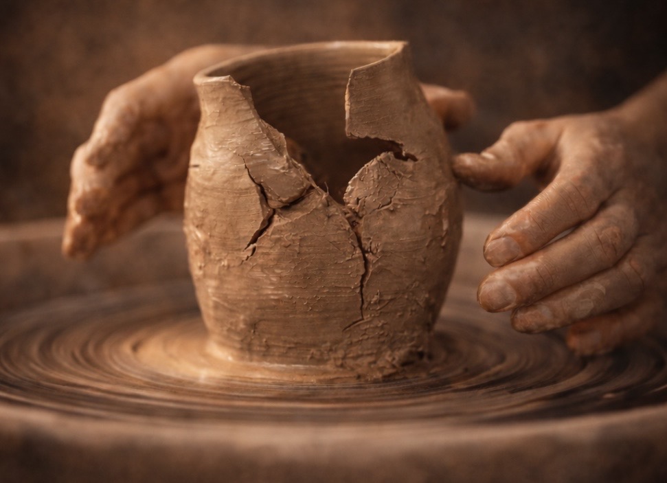 Broken clay vessel on a pottery wheel
