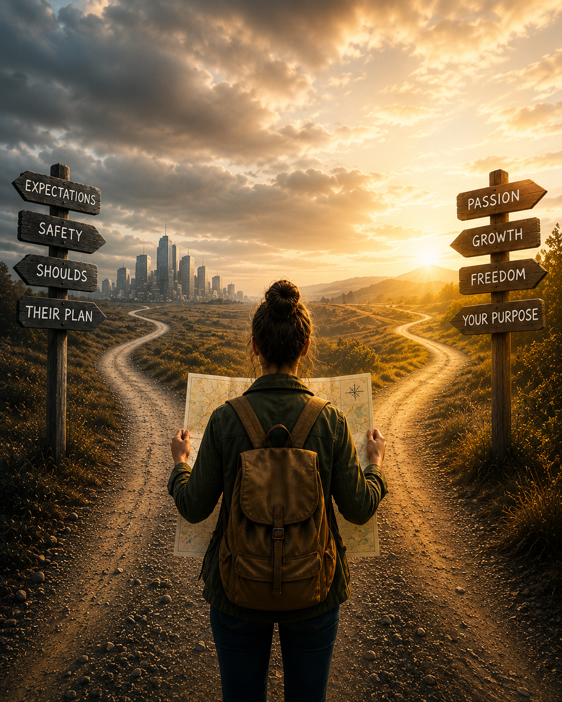 A traveler holding a map at a fork in the road with a city and sunrise in the distance